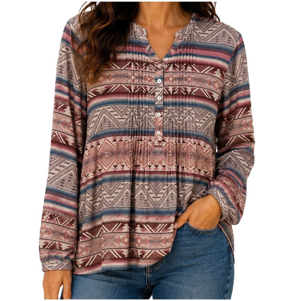 Coldwater Creek Sz Large Cozy Flannel Southwestern Blouse Shirt Top Winter Fall